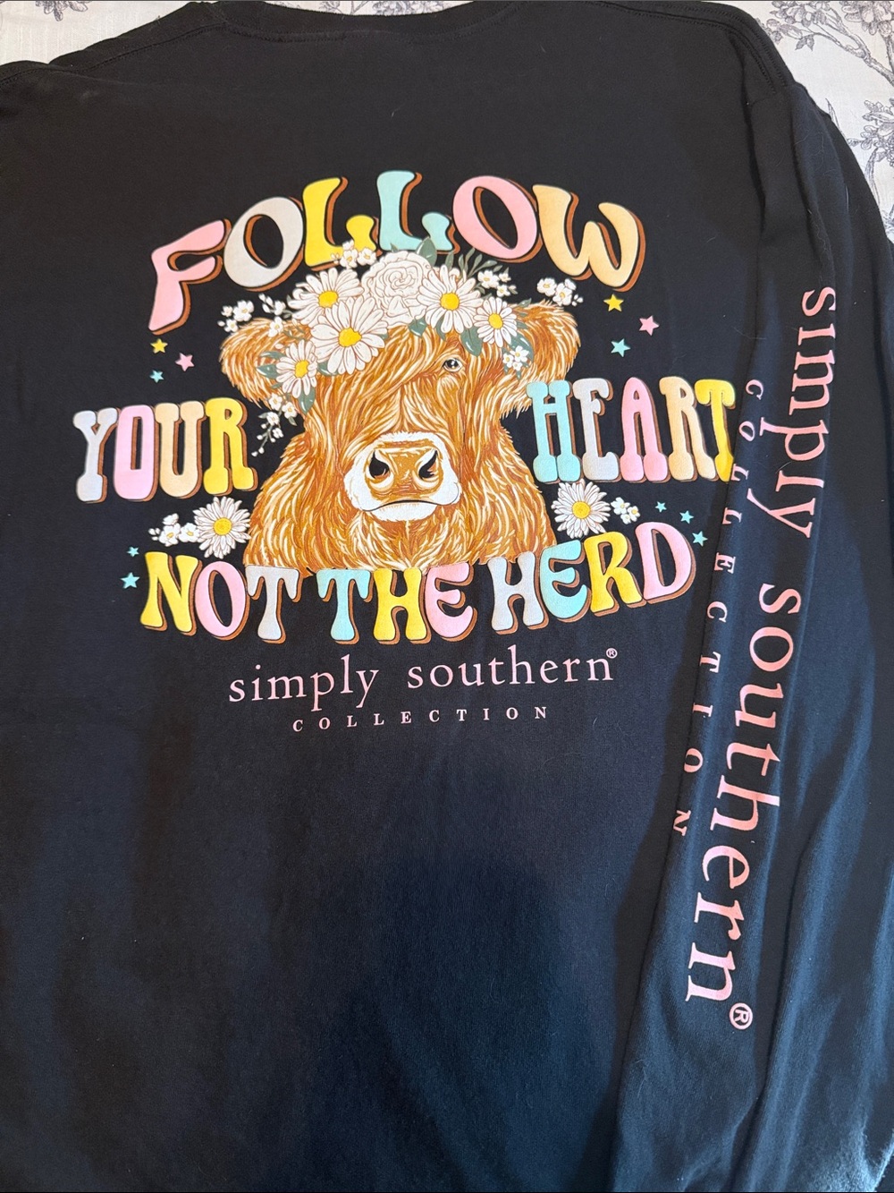 Simply Southern Black Long Sleeve Tee with Pastel Daisy Cow Graphic